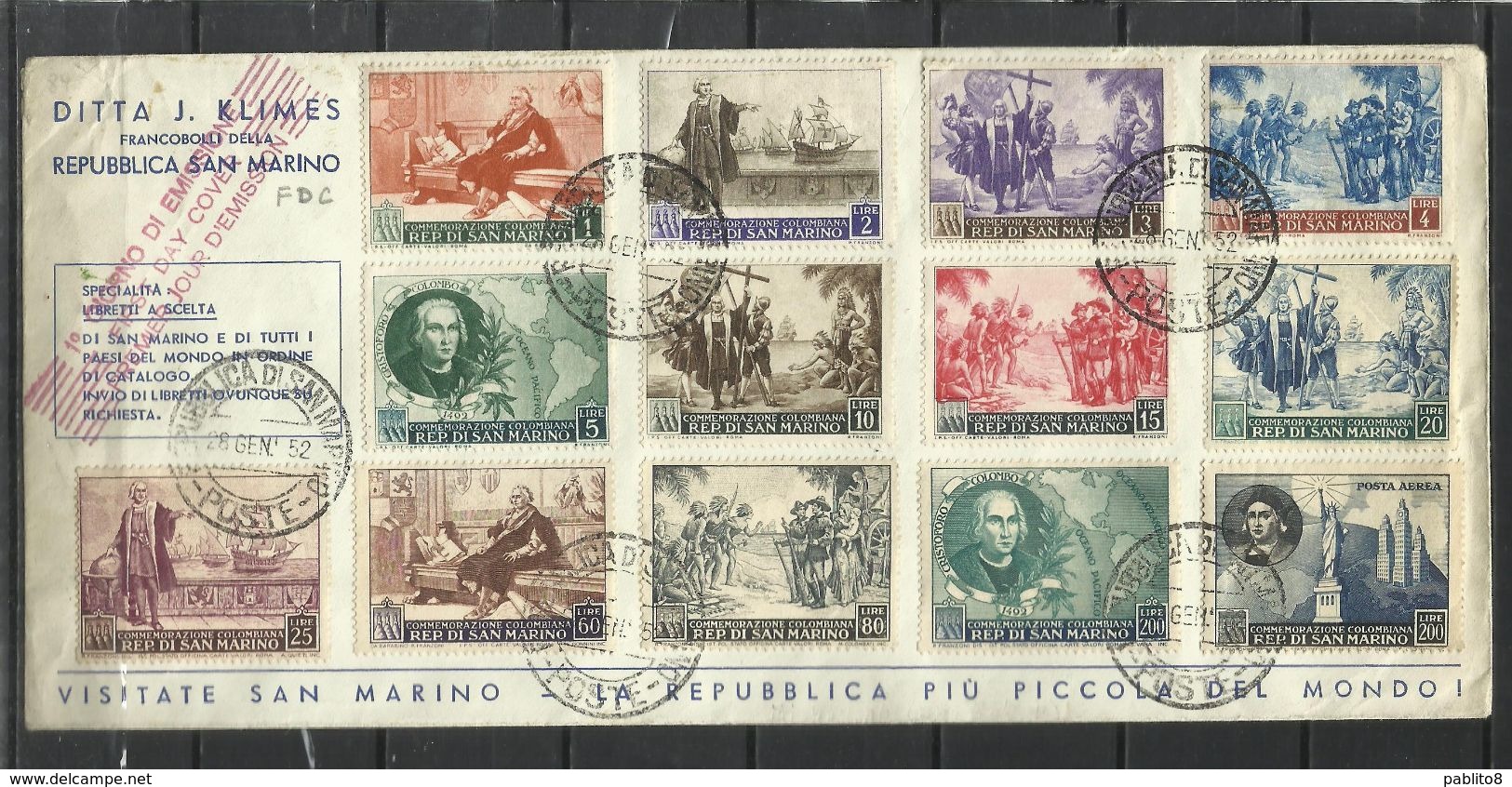 REPUBBLICA DI SAN MARINO 1952 ANNIVERSARIO NASCITA CRISTOFORO COLOMBO SERIE COMPLETA COMPLETE SET SU BUSTA FDC - FDC