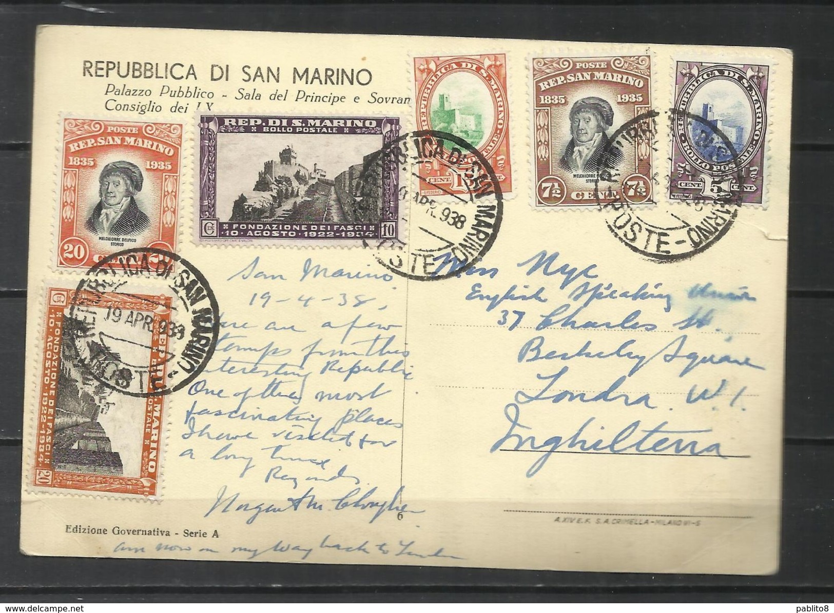 REPUBBLICA DI SAN MARINO 1938 DELFICO CENT. 7 1/2 + 20 + FASCI 10 + 20 VEDUTE 5 + 15 USATI SU CARTOLINA USED POST CARD - Cartas & Documentos