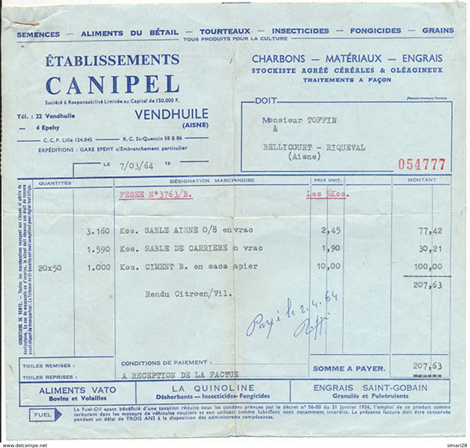 VENDHUILE - Ets CANIPEL - SEMENCES ALIMENTS DU BETAIL TOURTEAUX INSECTICIDES FONGICIDES GRAINS - Other & Unclassified