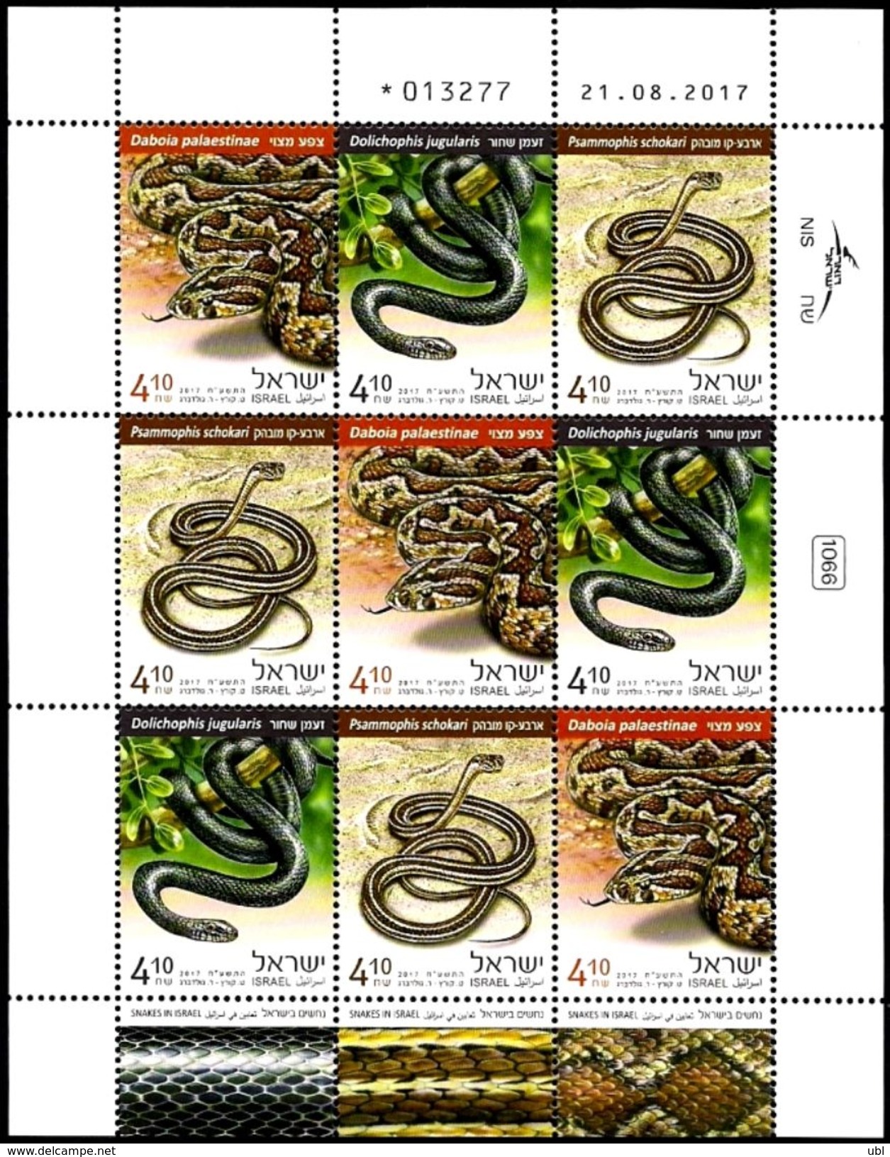 ISRAEL 2017 - Snakes In Israel - Palestine Viper; Schokari Sand Racer & Large Whip Snake - A Sheet Of 9 Stamps - MNH - Snakes