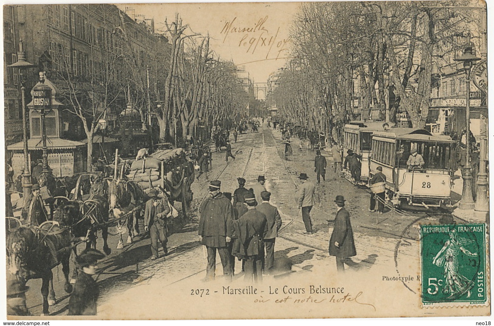 Marseille Le Cours Belsunce  Attelage Chevaux Beau Plan Agent Police Tramway - Non Classés