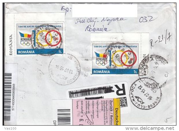 KING, HEALTHY FOOD, IRON, CHRISTMAS, OLYMPIC GAMES, STAMPS ON REGISTERED COVER, 2015, ROMANIA - Storia Postale