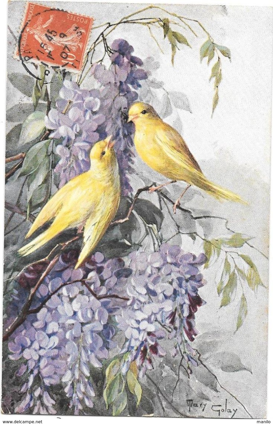 R. TUCK "OILETTE" N° 915 P - UN MOT DE LA POSTE -OISEAUX (SERINS)SUR UNE BRANCHE DE GLYCINE - Circulé En 1907 MARY GOLAY - Tuck, Raphael