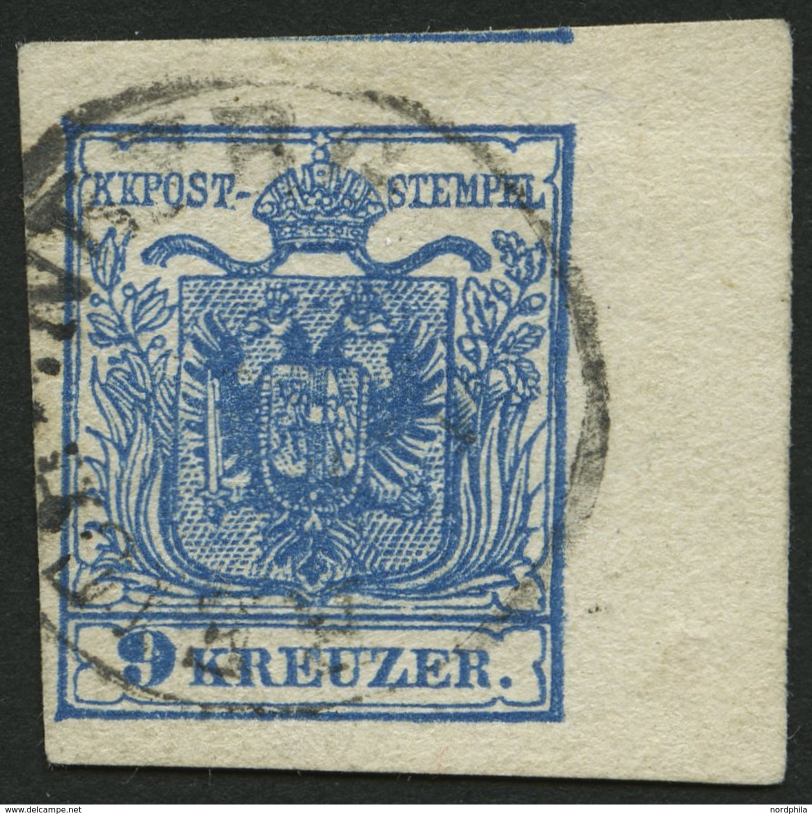 ÖSTERREICH 5Y O, 1854, 9 Kr. Blau, Maschinenpapier, Type IIIb, Mit Rechtem Rand (8 Mm), Leichte Bugspur Im Rand, Pracht - Sonstige & Ohne Zuordnung