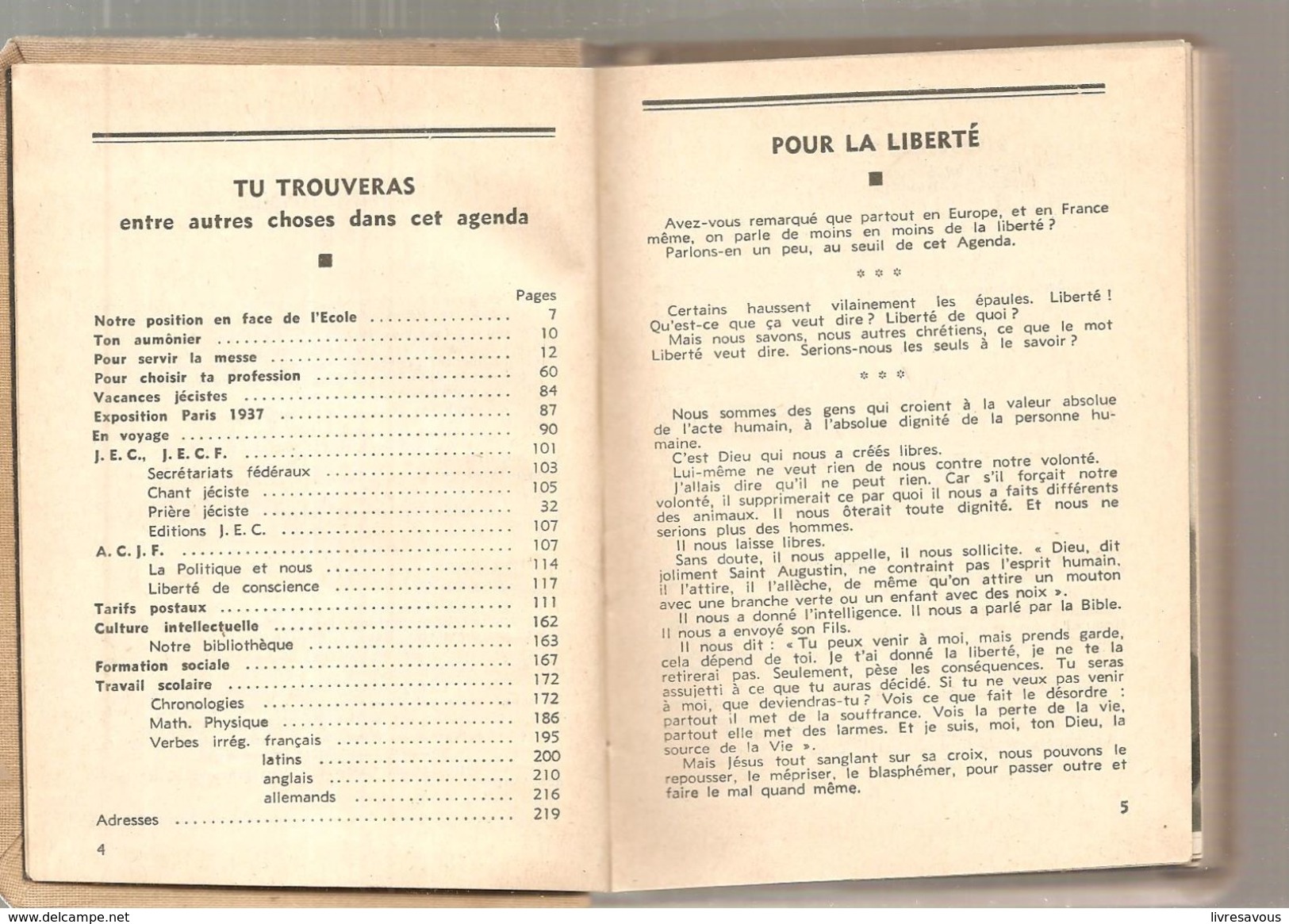 Agenda Scolaire édité Par La J.E.C. Jeunesse Etudiante Chrétienne De 1937 Non écrit - Altri & Non Classificati