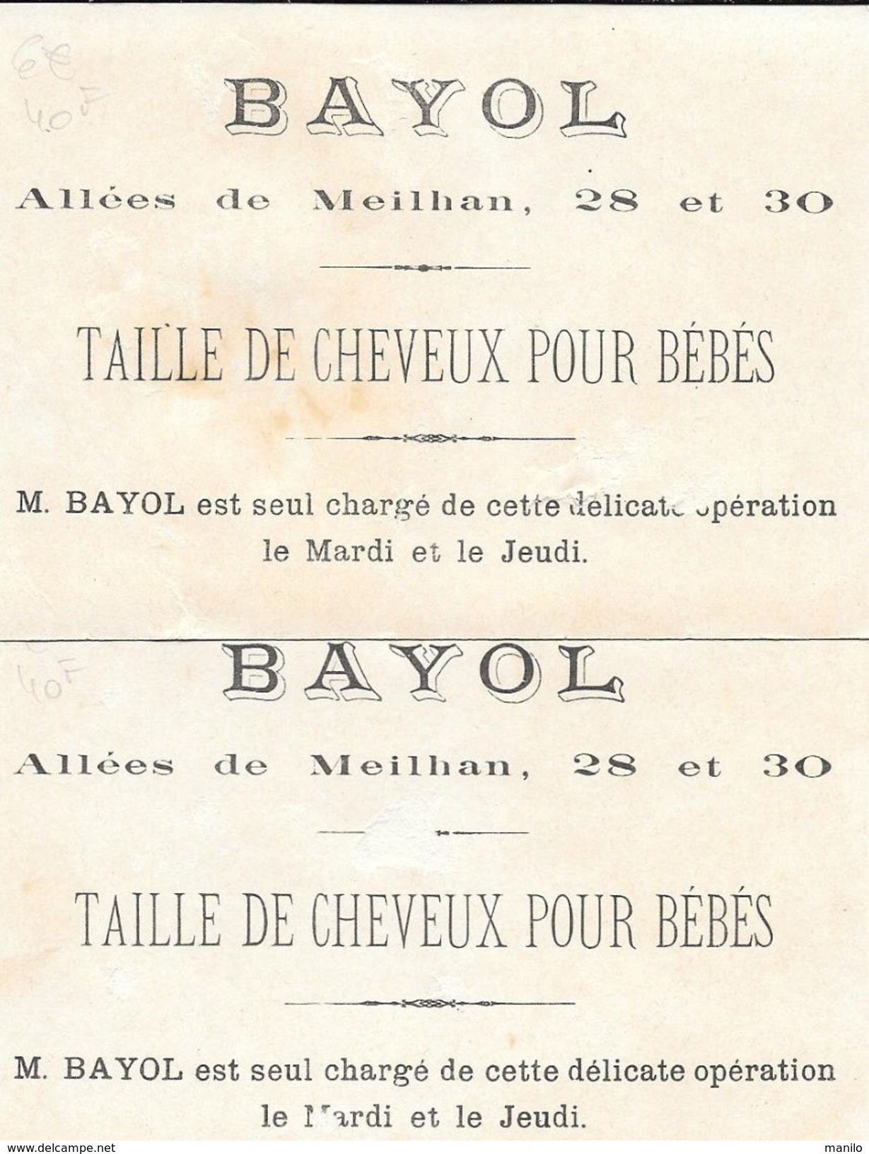 13 - MARSEILLE - 2 Chromos Publicitaires Pour BAYOL Allées De Meilhan -TAILLE DE CHEVEUX POUR BEBES Sur Chromo PAPILLONS - Straßenhandel Und Kleingewerbe