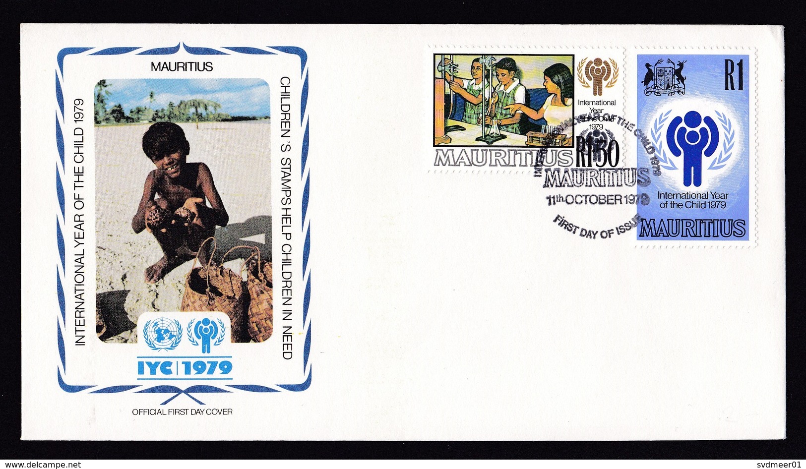 Mauritius: FDC First Day Cover, 1979, 2 Stamps, UN Year Of Child, Children, School, Education (small White Tape At Back) - Mauritius (1968-...)