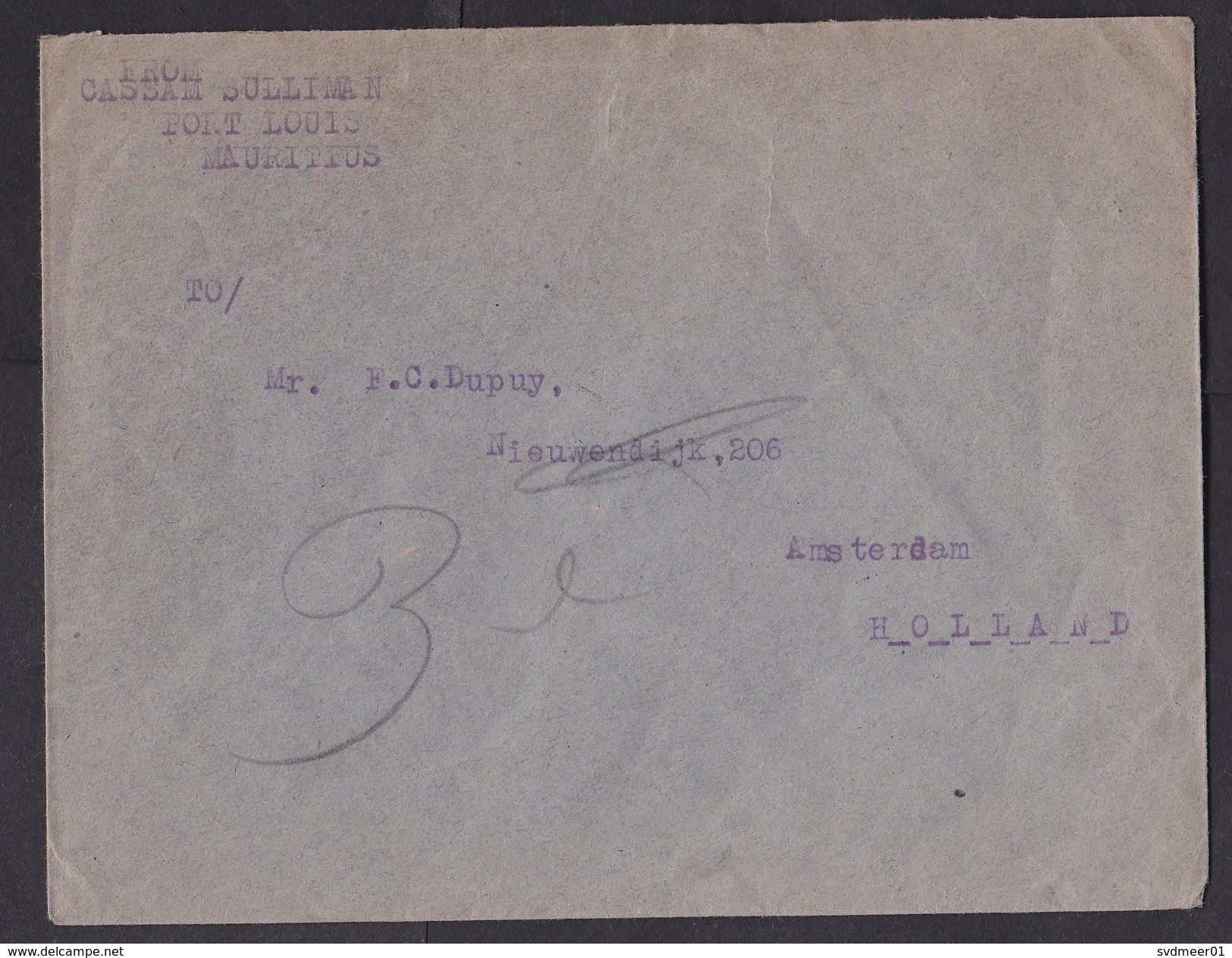 Mauritius: Cover To Netherlands, 1930s? 1 Stamp, Heraldry (traces Of Use) - Mauritius (1968-...)