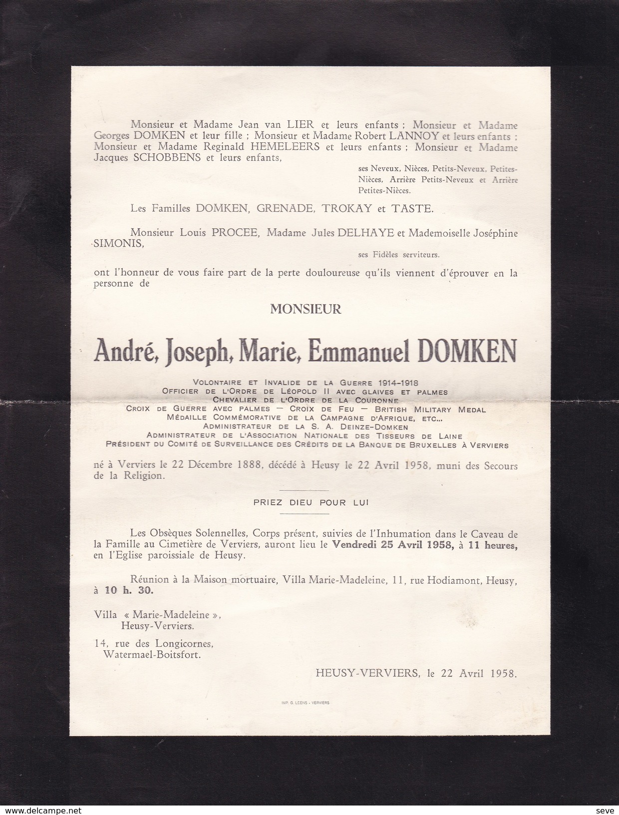 VERVIERS HEUSY André DOMKEN 1888-1958 Associations Des Tisseurs De Laine Banque De Verviers 2 Volets Complets - Décès