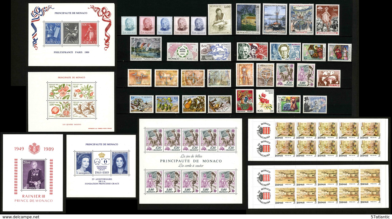 MONACO - ANNEE COMPLETE 1989 - AVEC PREOS, BLOCS, CARNETS -  34 TIMBRES NEUFS ** + 5 BLOCS NEUFS ** + 2 CARNETS ** - Années Complètes