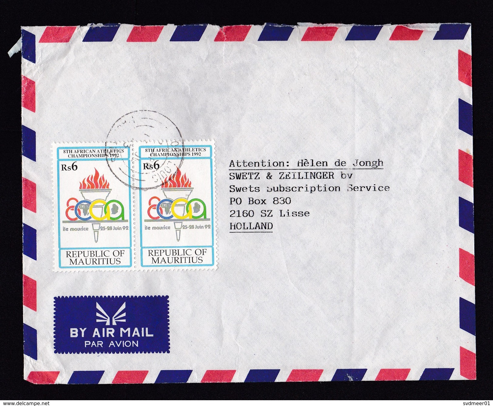 Mauritius: Airmail Cover To Netherlands, 1993, 2 Stamps, African Athletics Championship, Sports (damaged, See Scan) - Mauritius (1968-...)