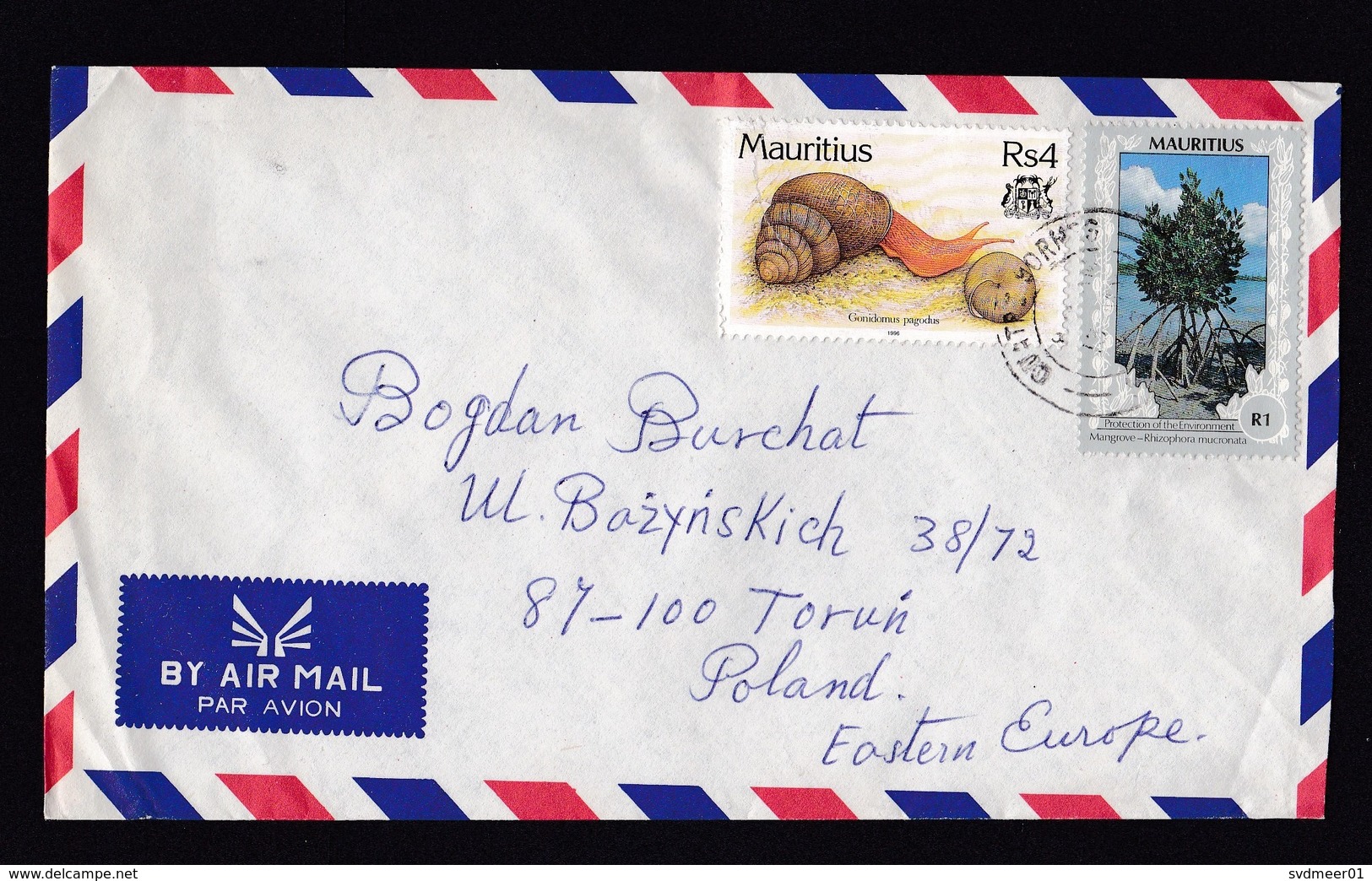 Mauritius: Airmail Cover To Poland, 2 Stamps, Snail, Animal, Tree, Environment Protection (traces Of Use) - Mauritius (1968-...)