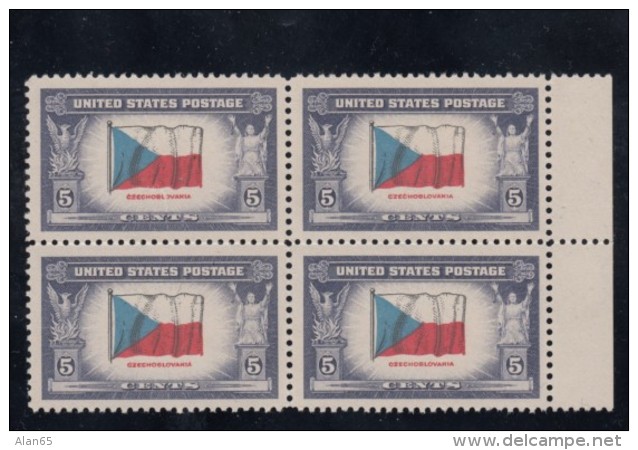 Lot Of 4 Blocks Of 4, Sc#910, 911 912 921 1943-44 Over-run Countries WWII Flags, Luxembourg Norway Korea Czechoslovakia - Blocks & Sheetlets