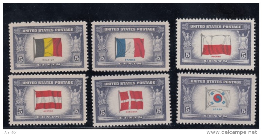 Lot Of 6, Sc#909 Poland 914 Belgium 915 France 919 Austria 920 Denmark 921 Korea Over-run Countries WWII Flags - Unused Stamps