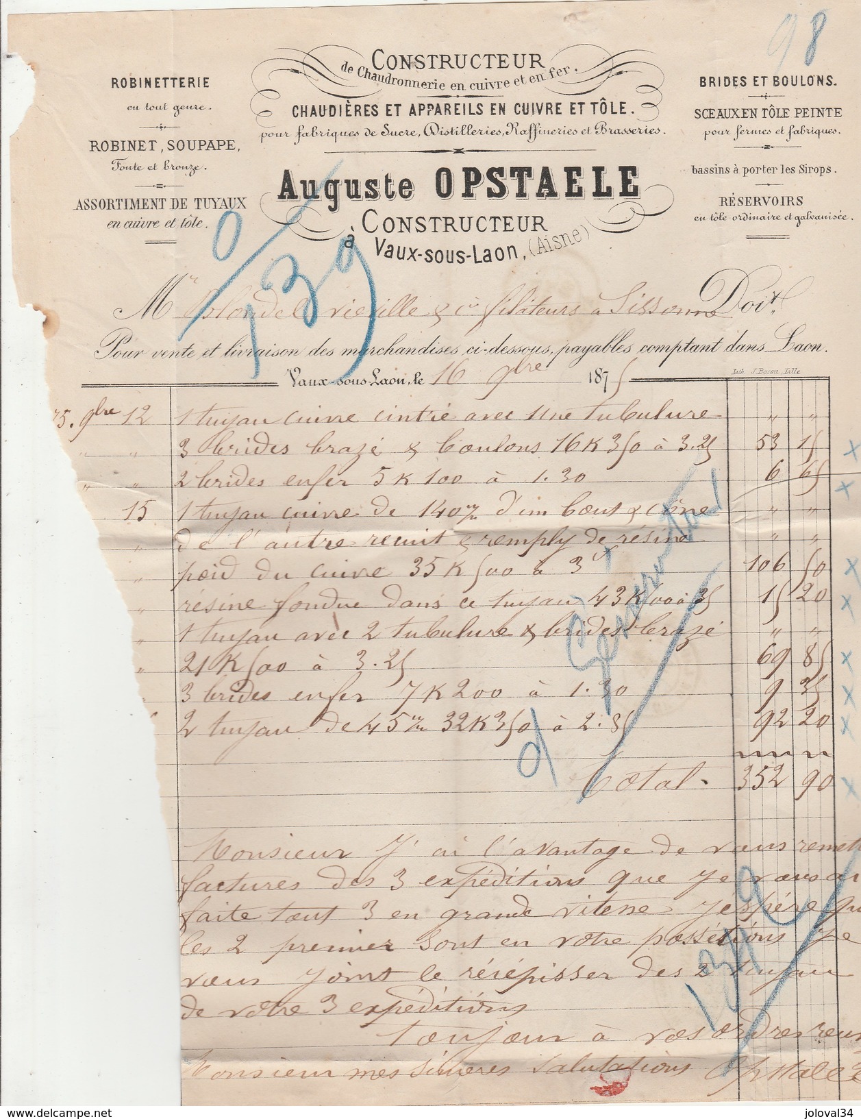 Yvert 60C Cérès Lettre Oblitération GARE De LAON GC 1959 Du 16/11/1875 Pour Sissonne Aisne - Poste Ferroviaire