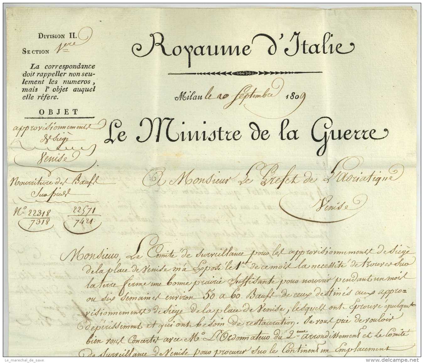 ROYAUME D&rsquo;ITALIE - DANNA, Sebastiano Giuseppe (1757-1811). Général Et Ministre Venezia Defense Milano Franchise Vi - Army Postmarks (before 1900)