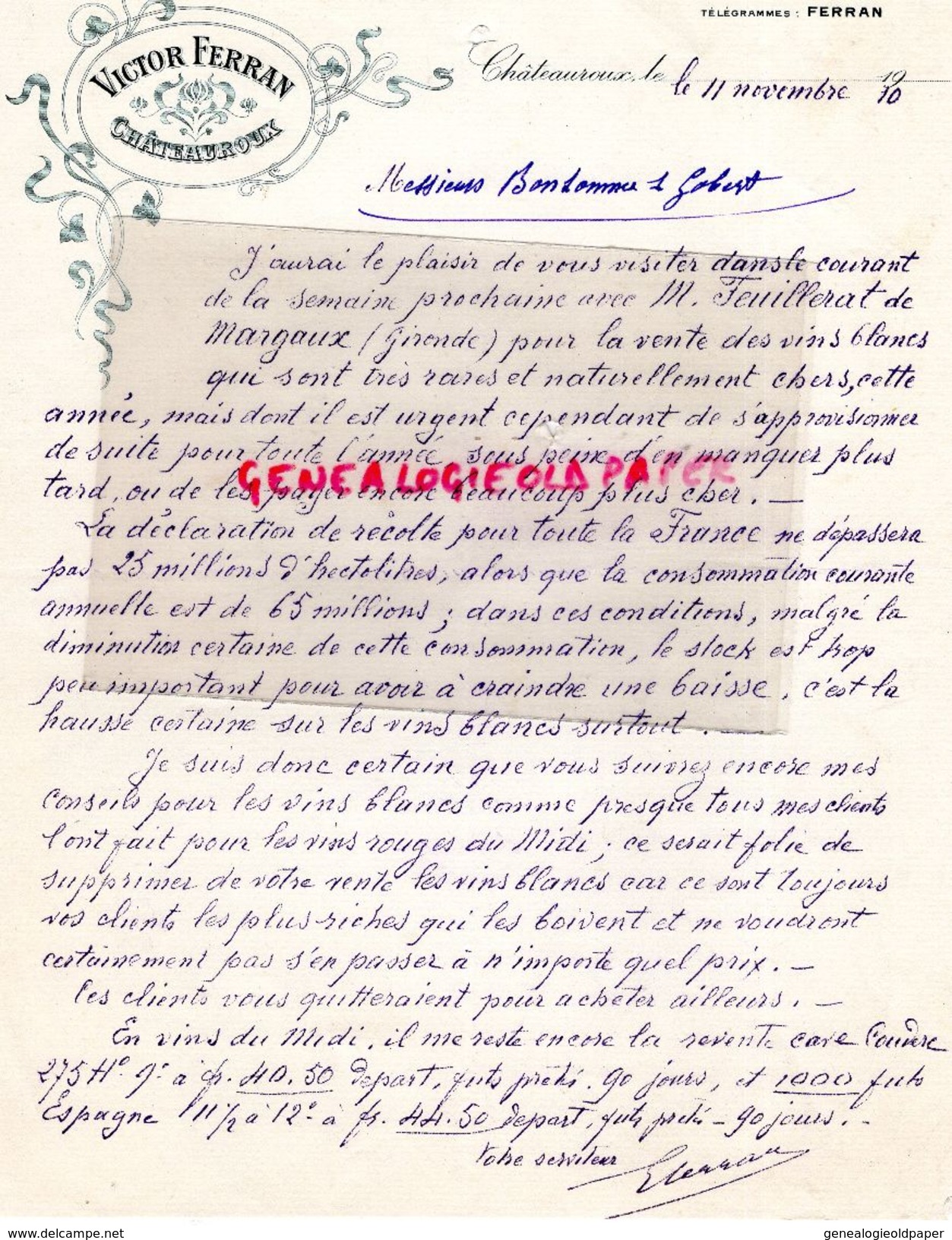 36- CHATEAUROUX- LETTRE VICTOR FERRAN AVEC M. FEUILLERAT DE MARGAUX GIRONDE- VENTE DE VINS- 1910 - Old Professions