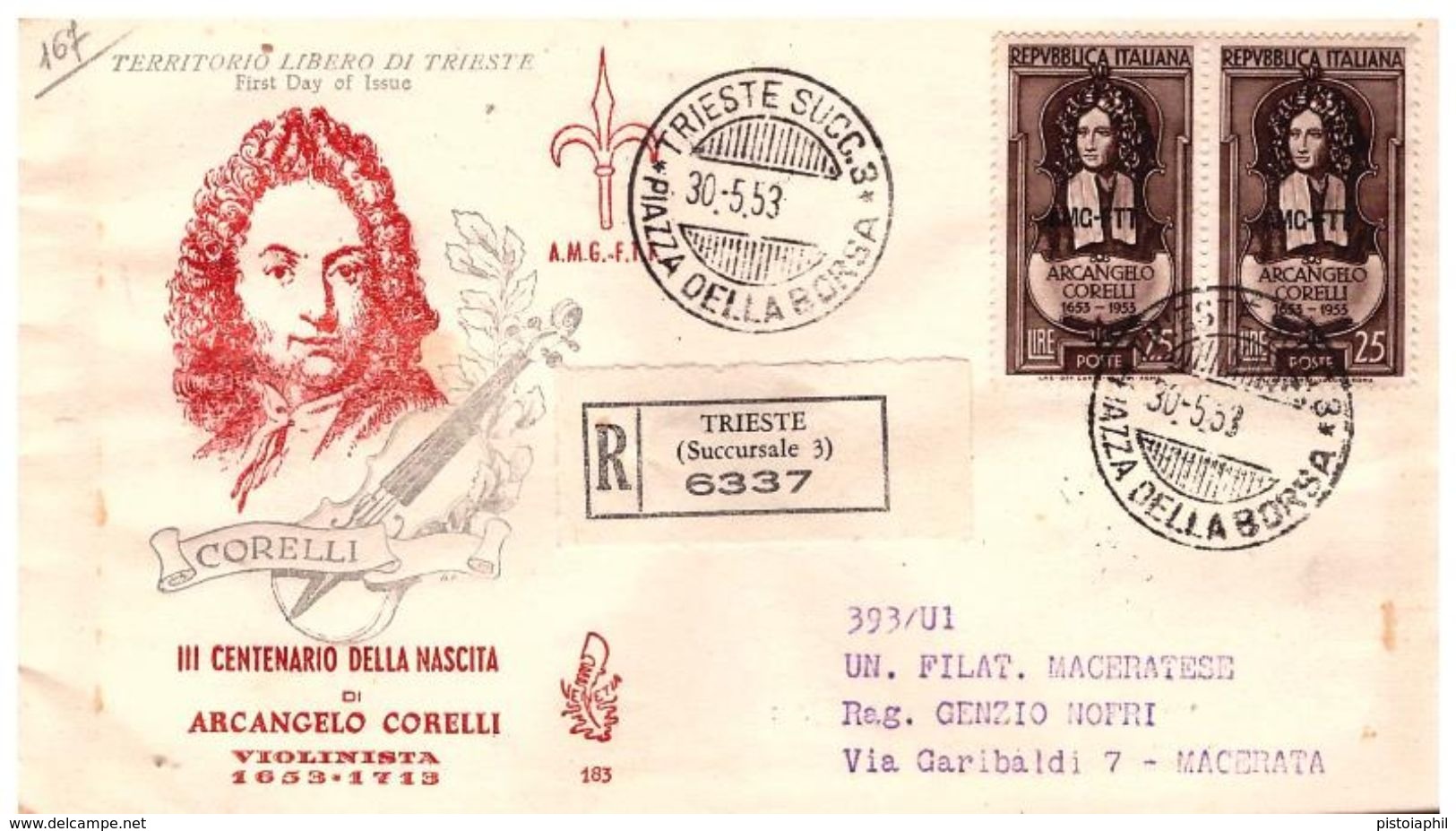 Fdc Venetia TRIESTE: CORELLI 1953;Raccomandata - Storia Postale