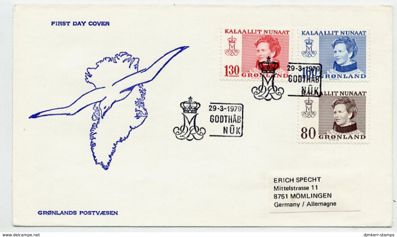 GREENLAND 1979 Queen Margarethe Definitives 80 Øre, 1.30, 1.60 Kr. On FDC.  Michel 112-14 - FDC