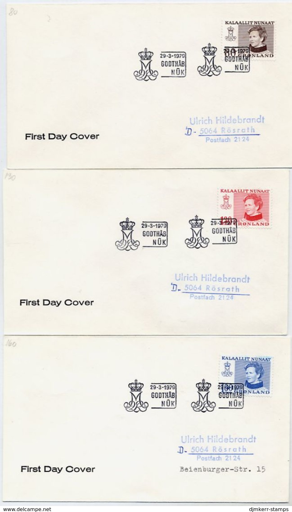 GREENLAND 1979 Queen Margarethe Definitives 80 Øre, 1.30, 1.60 Kr. On 3 FDCs.  Michel 112-14 - FDC