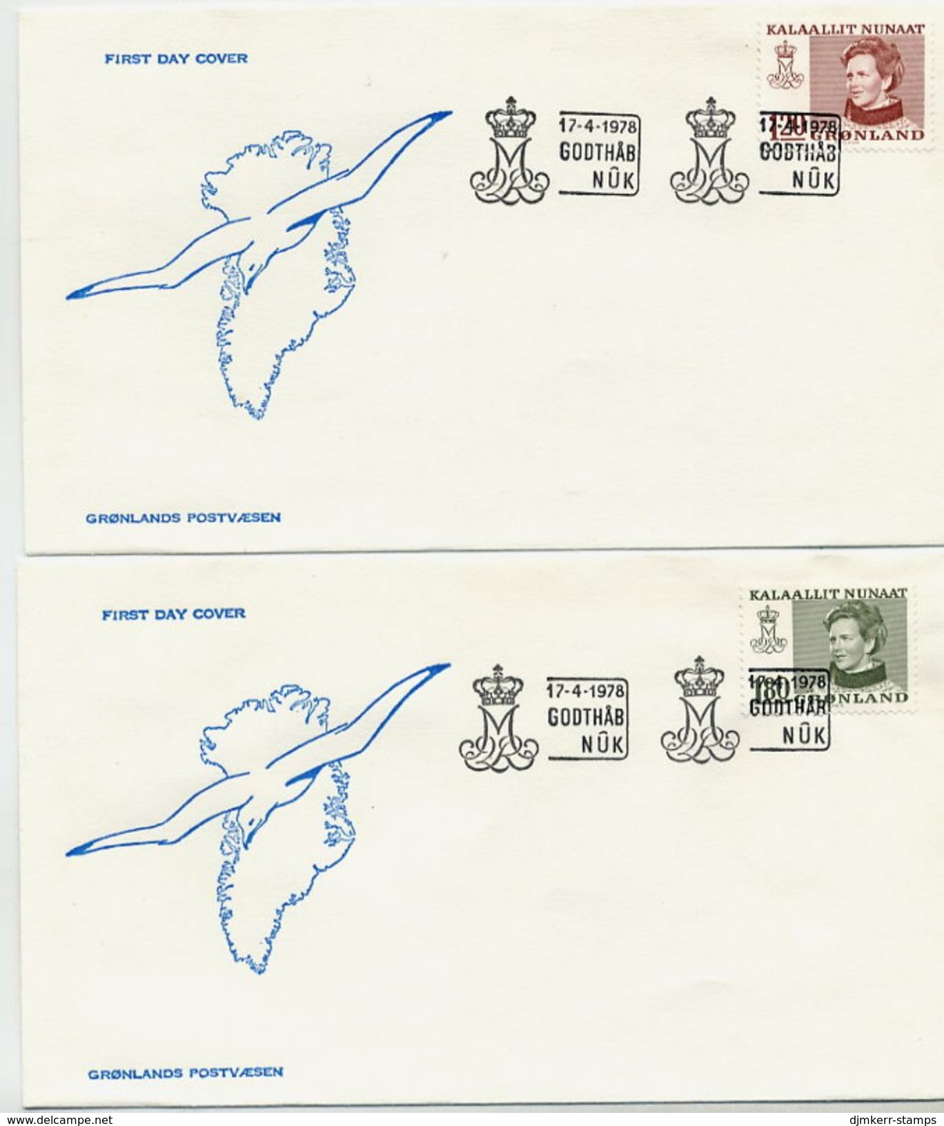 GREENLAND 1978 Queen Margarethe Definitives 1.20, 1.80 Kr. On  2 FDCs.  Michel 107-08 - FDC