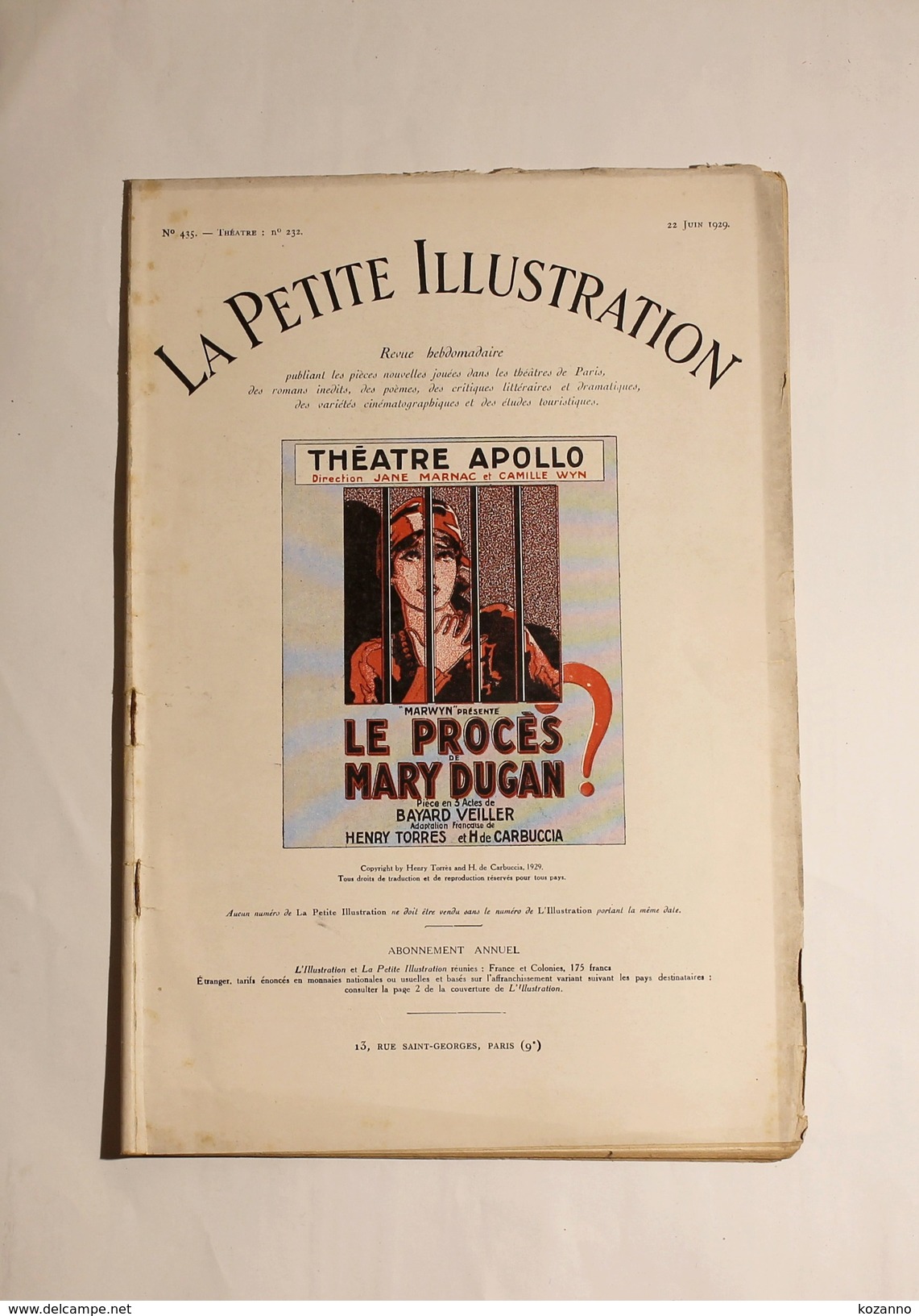 04- LA PETITE ILLUSTRATION -REVUE N435 THEATRE N232 JUIN 1929: PROCES MARY DUGAN - French Authors