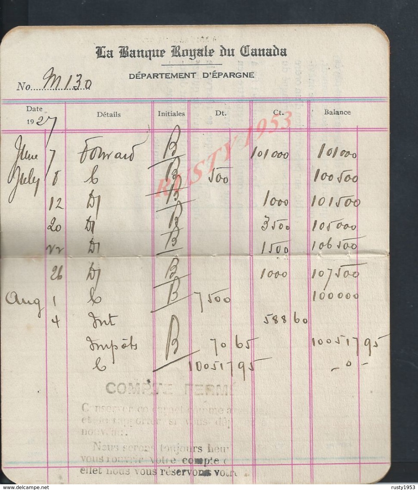 LIVRET DE BANQUE THE ROYAL BANK OF CANADA 1927 : - Canada