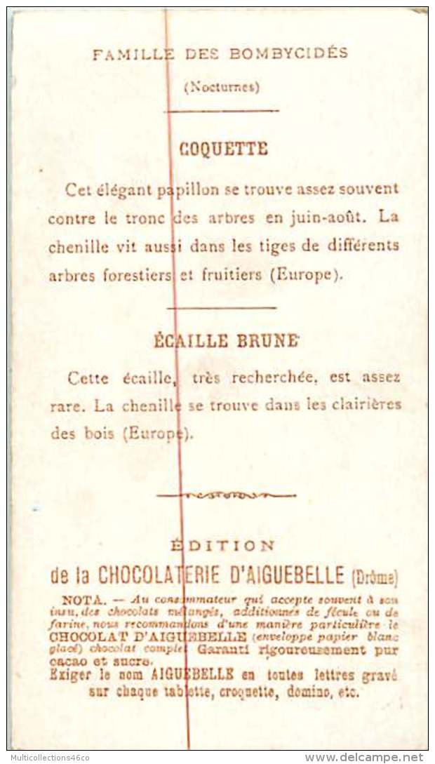 191217C CHROMO CHOCOLAT AIGUEBELLE Drôme  Monde Des Insectes Et Papillons Lépidoptères Coguette écaille Brune - Aiguebelle