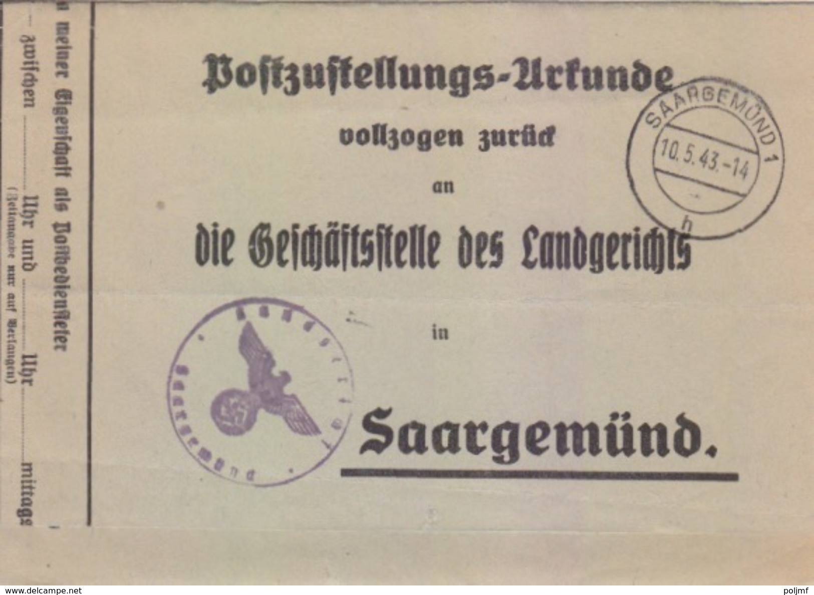 Certificat De Remise Obligatoire En PP Avec Lettre De Signification De Sarguemines (Saargemünd 1 H) Le 10/5/43 - Covers & Documents
