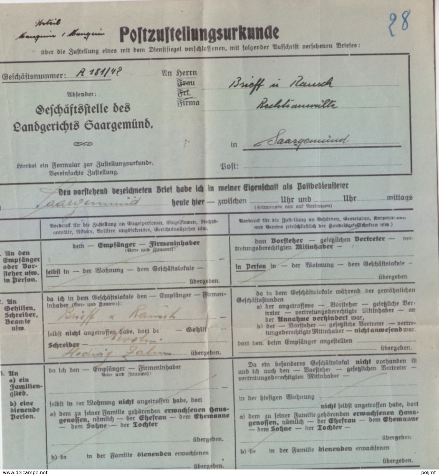 Certificat De Remise Obligatoire En PP Avec Lettre De Signification De Sarguemines (Saargemünd 1 H) Le 10/5/43 - Covers & Documents