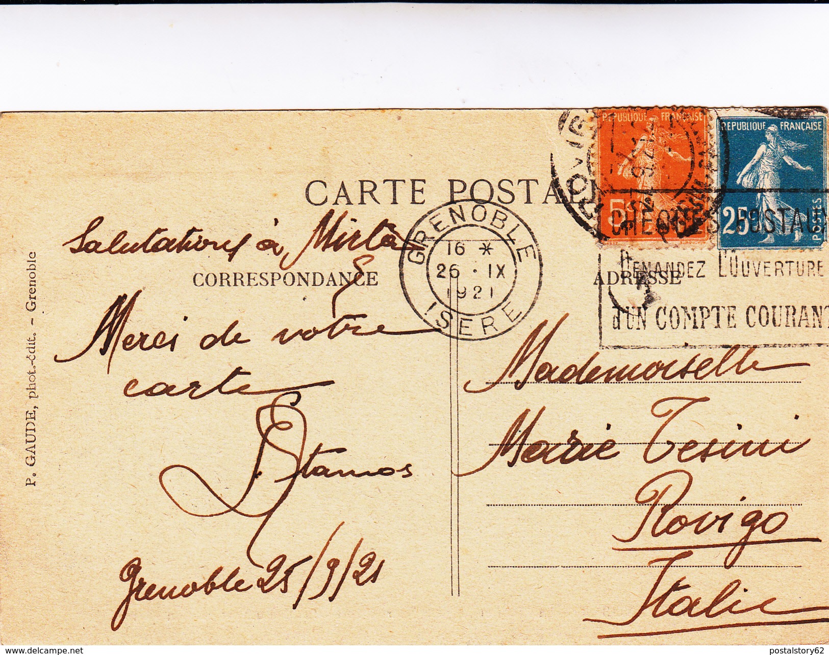 Grenoble To Rovigo Su Post Card  1921 - Storia Postale