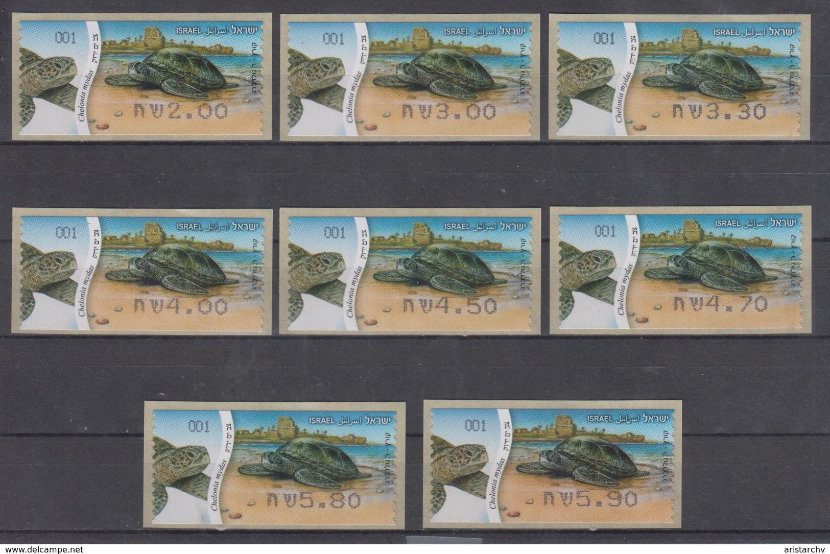 ISRAEL 2012 KLUSSENDORF ATM TURTLE CHELONIA MYDAS FULL SET OF 8 STAMPS - Vignettes D'affranchissement (Frama)