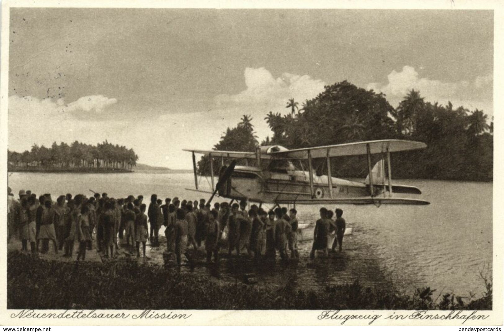 German New Guinea, FINSCHHAFEN, Morobe, Seaplane, Papua Natives (1933) Mission Postcard - Papouasie-Nouvelle-Guinée