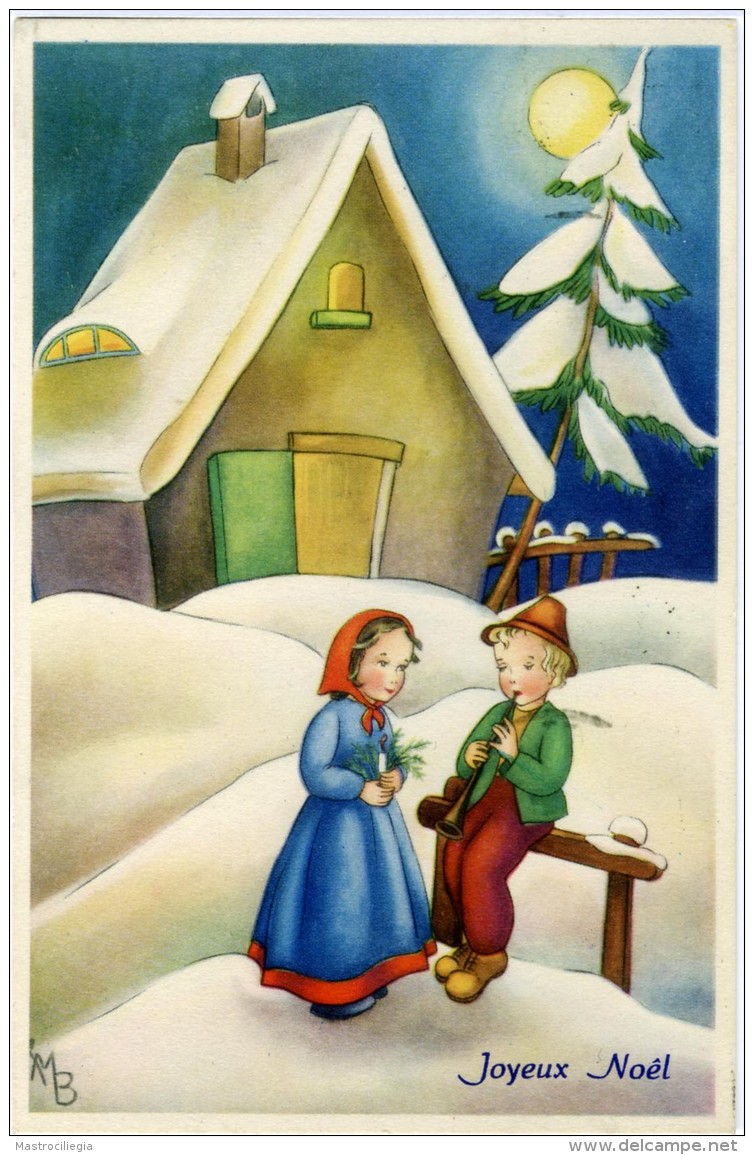 JOYEUX NOEL  Bimbo Suona Piffero Bambina Ascolta  Paesaggio Con Casa Innevato  Luna Piena - Altri & Non Classificati