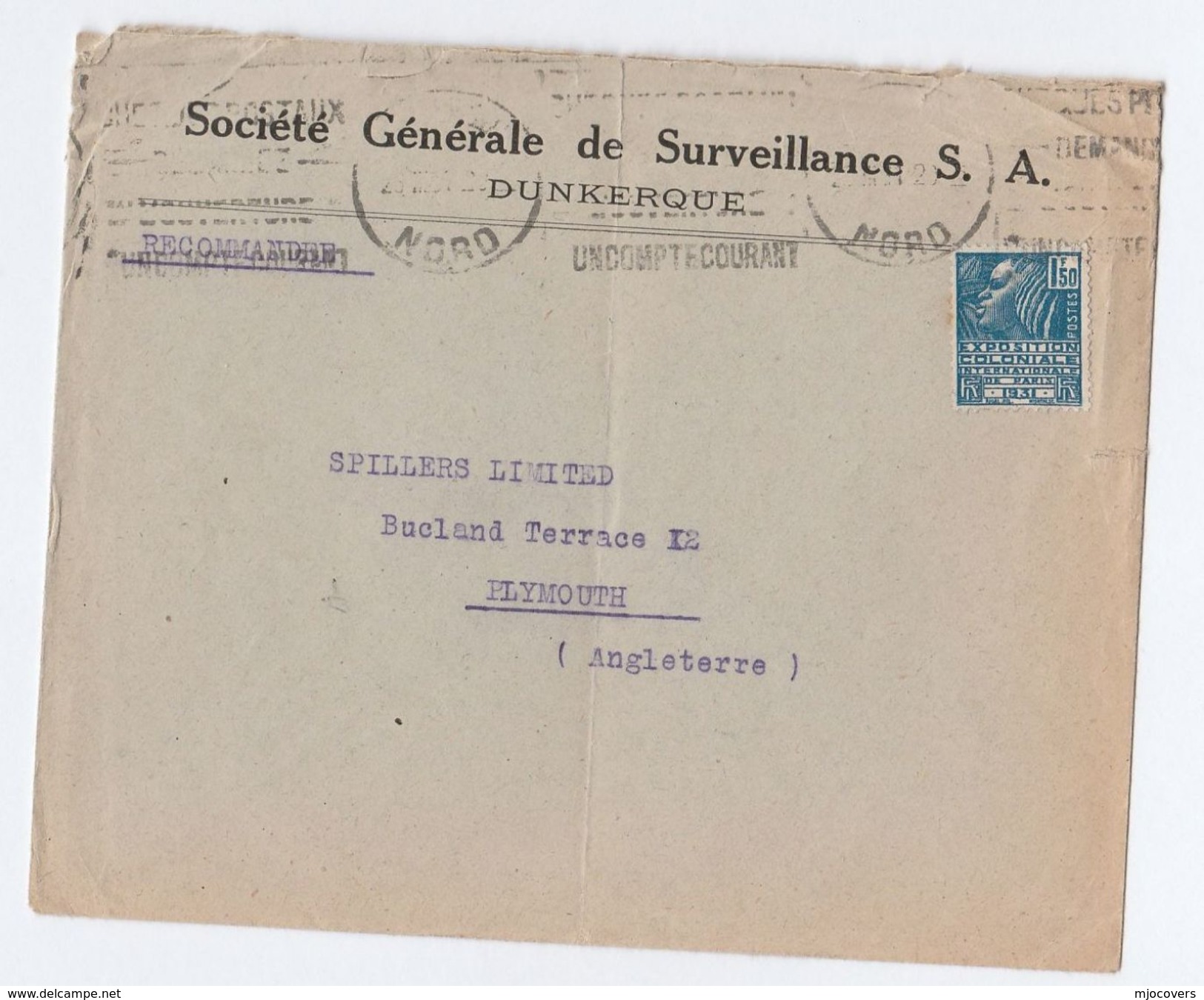 1931 FRANCE Societe Generale De SURVEILLANCE COVER Dunkerque To Spillers Ltd Plymouth GB Colonial Expo Stamps - Covers & Documents