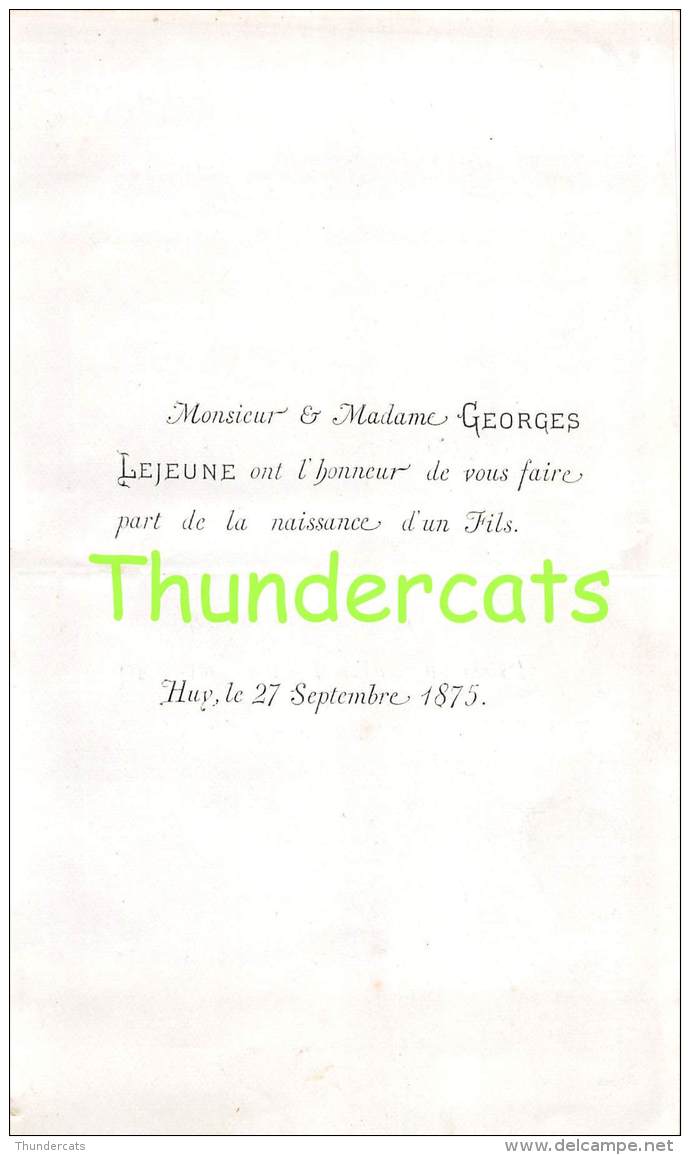 FAIRE PART GEORGES LEJEUNE NAISSANCE FILS HUY 27 SEPTEMBRE 1875 - Naissance & Baptême