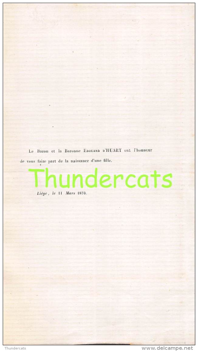 FAIRE PART BARON EDOUARD D HUART NAISSANCE FILLE LIEGE 11 MARS 1870 - Naissance & Baptême