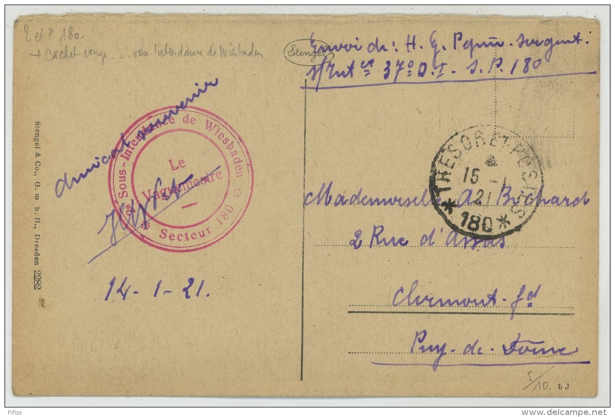 Cachet Sous-intendance De Wiesbaden - Secteur 180 / CP 1921 Mainz - Stadthalle Pour Clermont-Ferrand . - Cachets Militaires A Partir De 1900 (hors Guerres)