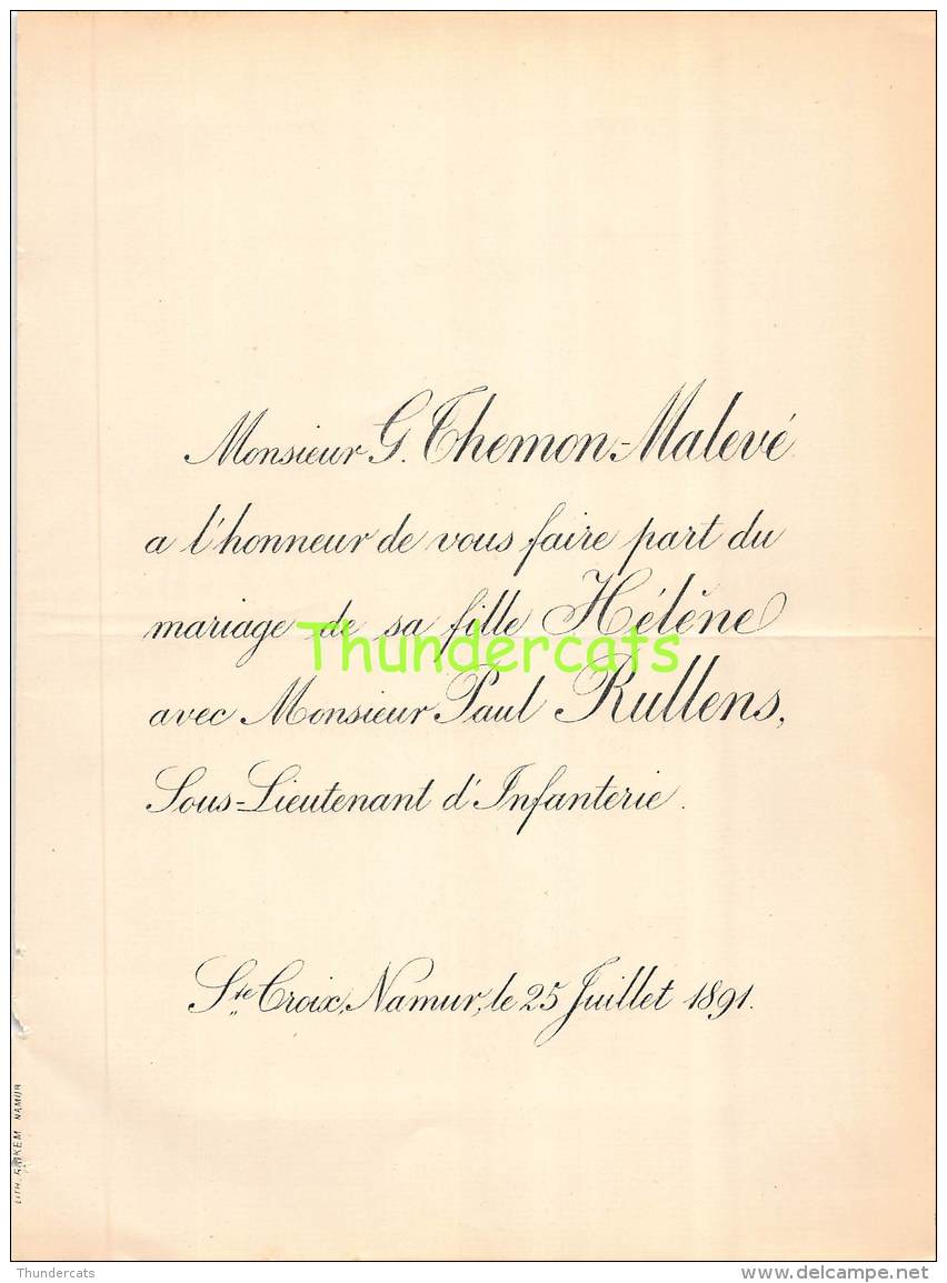 FAIRE PART MARIAGE  THEMON MALEVE HELENE PAUL RULLENS ST CROIX NAMUR 1891 - Mariage