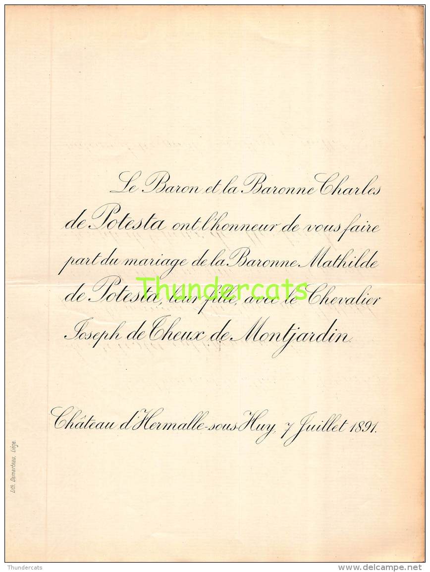 FAIRE PART MARIAGE  BARON CHARLES DE POTESTA MATHILDE CHEVALIER JOSEPH DE THEUX DE MONTJARDIN CHATEAU D HERMALLE SOUS HU - Mariage