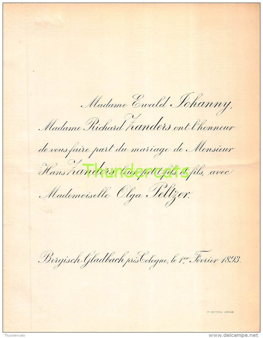 FAIRE PART MARIAGE  EWALD JOHANNY RICHARD ZANDERS HANS OLGA PELTZER BERGISCH GLADBACH PRES COLOGNE 1893 - Annunci Di Nozze