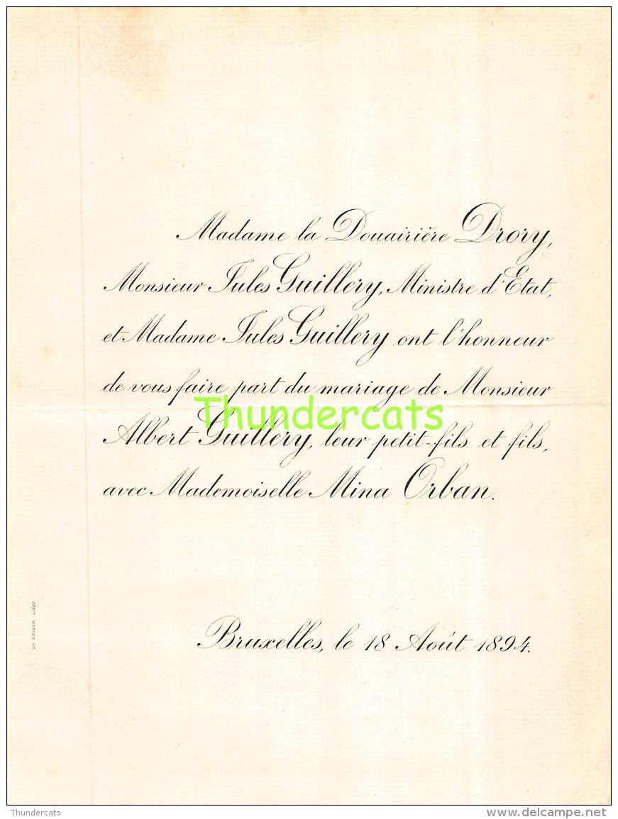FAIRE PART MARIAGE DRORY JULES GUILLERY MINISTRE ETAT ALBERT MINA ORBAN BRUXELLES 1894 - Mariage