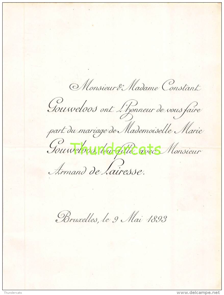 FAIRE PART MARIAGE  CONSTANT GOUWELOOS MARIE ARMANS DE LAIRESSE BRUXELLES 1893 - Mariage