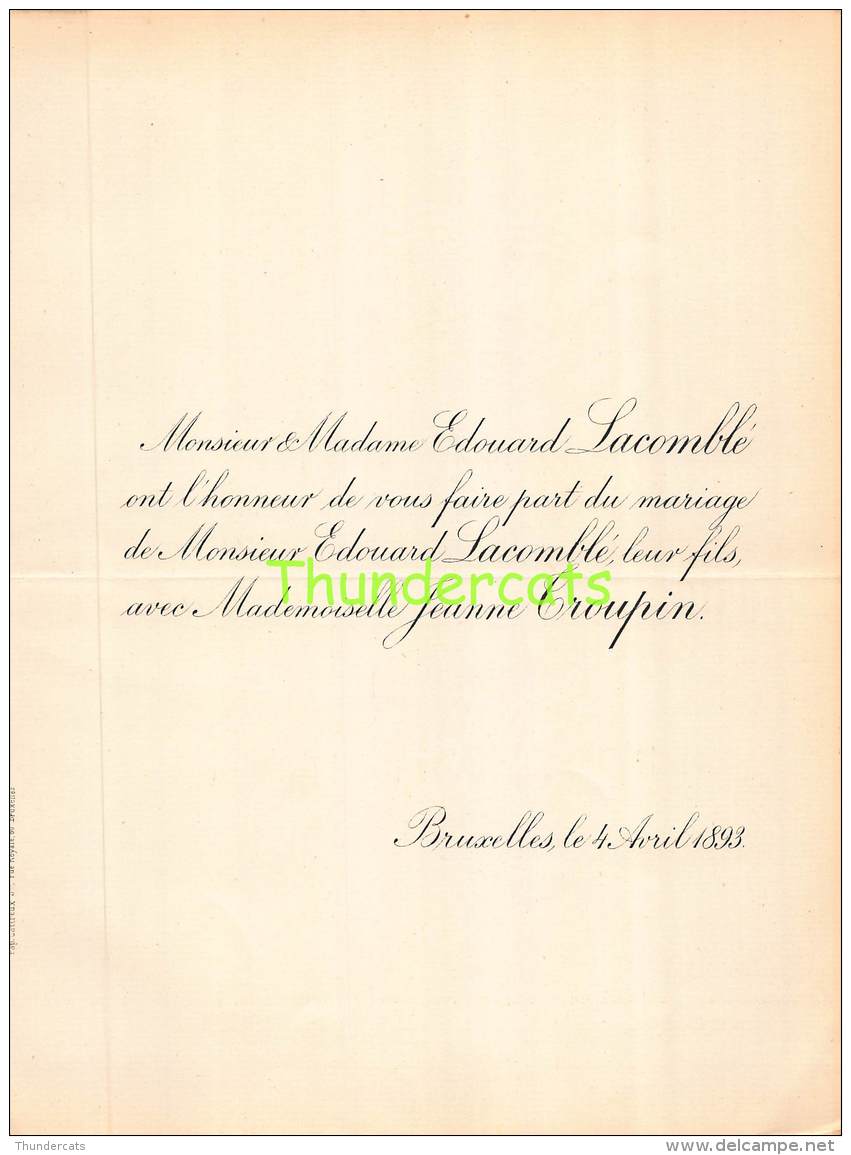 FAIRE PART MARIAGE  EDOUARD LACOMBLE JEANNE TROUPIN BRUXELLES 1893 - Mariage