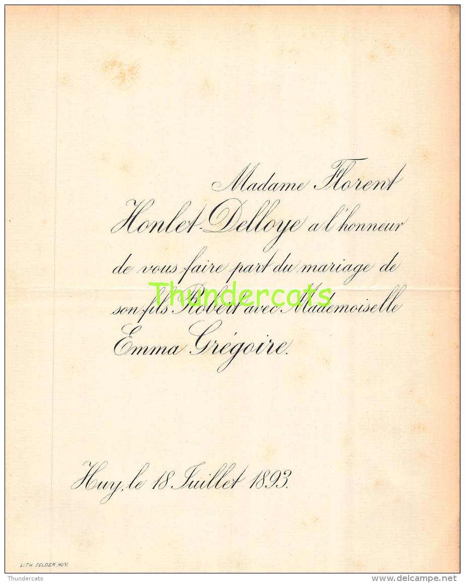 FAIRE PART MARIAGE  FLORENT HONLET DELLOYE ROBERT EMMA GREGOIRE HUY 1893 - Mariage