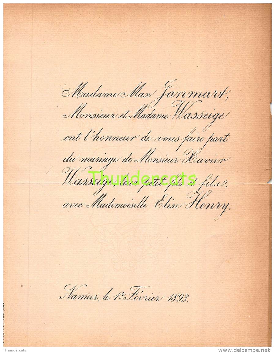 FAIRE PART MARIAGE MAX JANMART WASSEIGE XAVIER ELISE HENRY NAMUR 1893 - Mariage