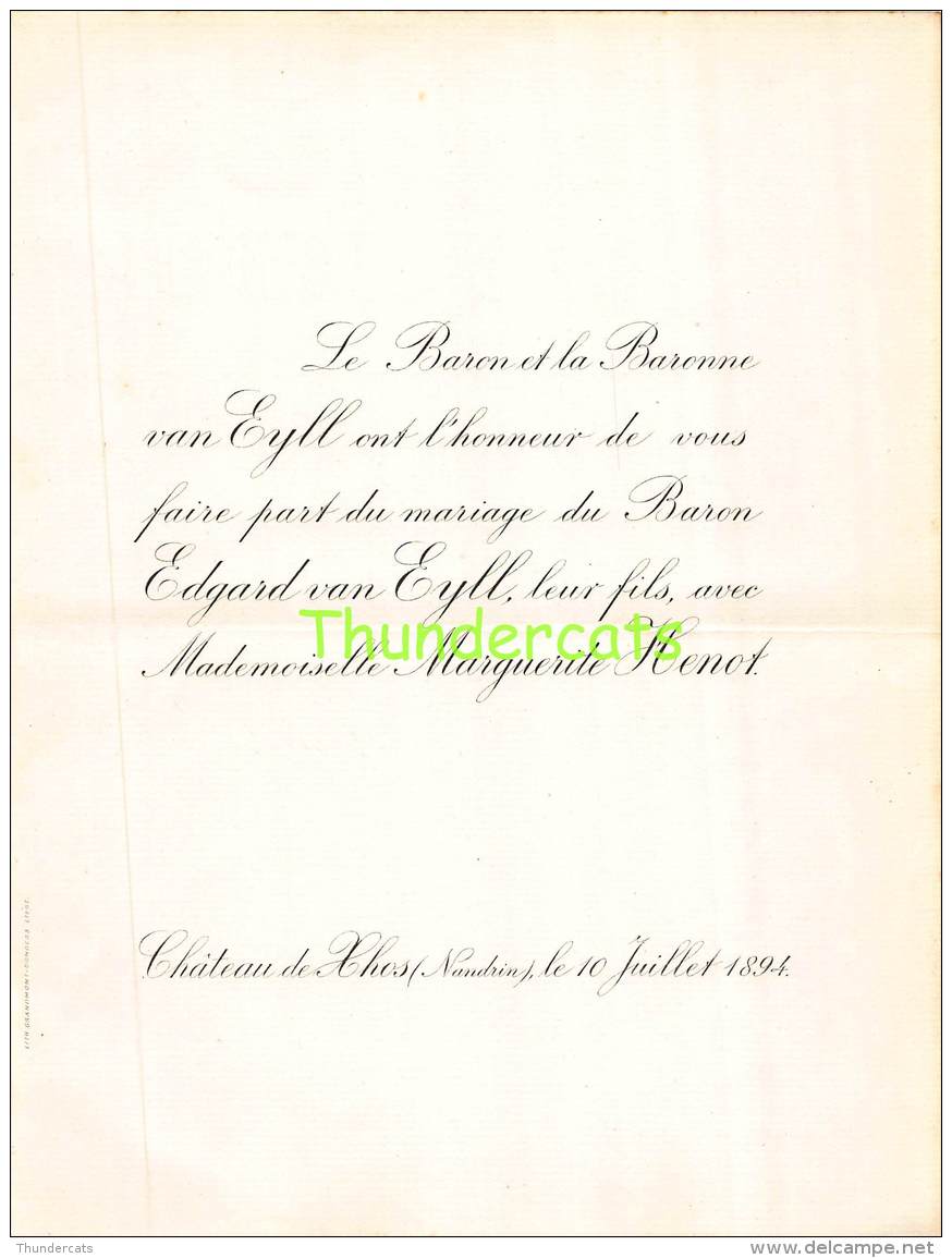 FAIRE PART MARIAGE  BARON VAN EYLL EDGARD MARGUERITE HENOT CHATEAU DE LHOS NANDRIN 1894 - Mariage