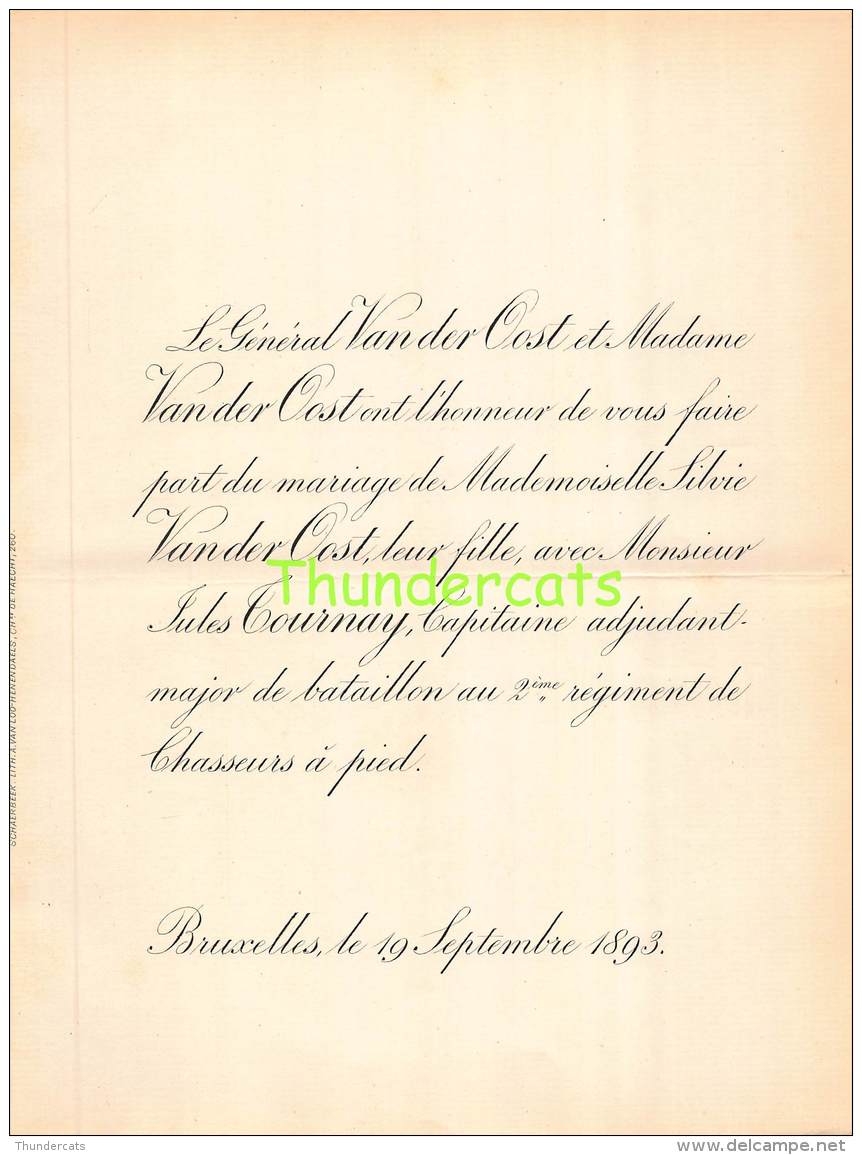 FAIRE PART MARIAGE GENERAL VAN DER OOST SILVIE JULES TOURNAY BRUXELLES 1893 - Mariage