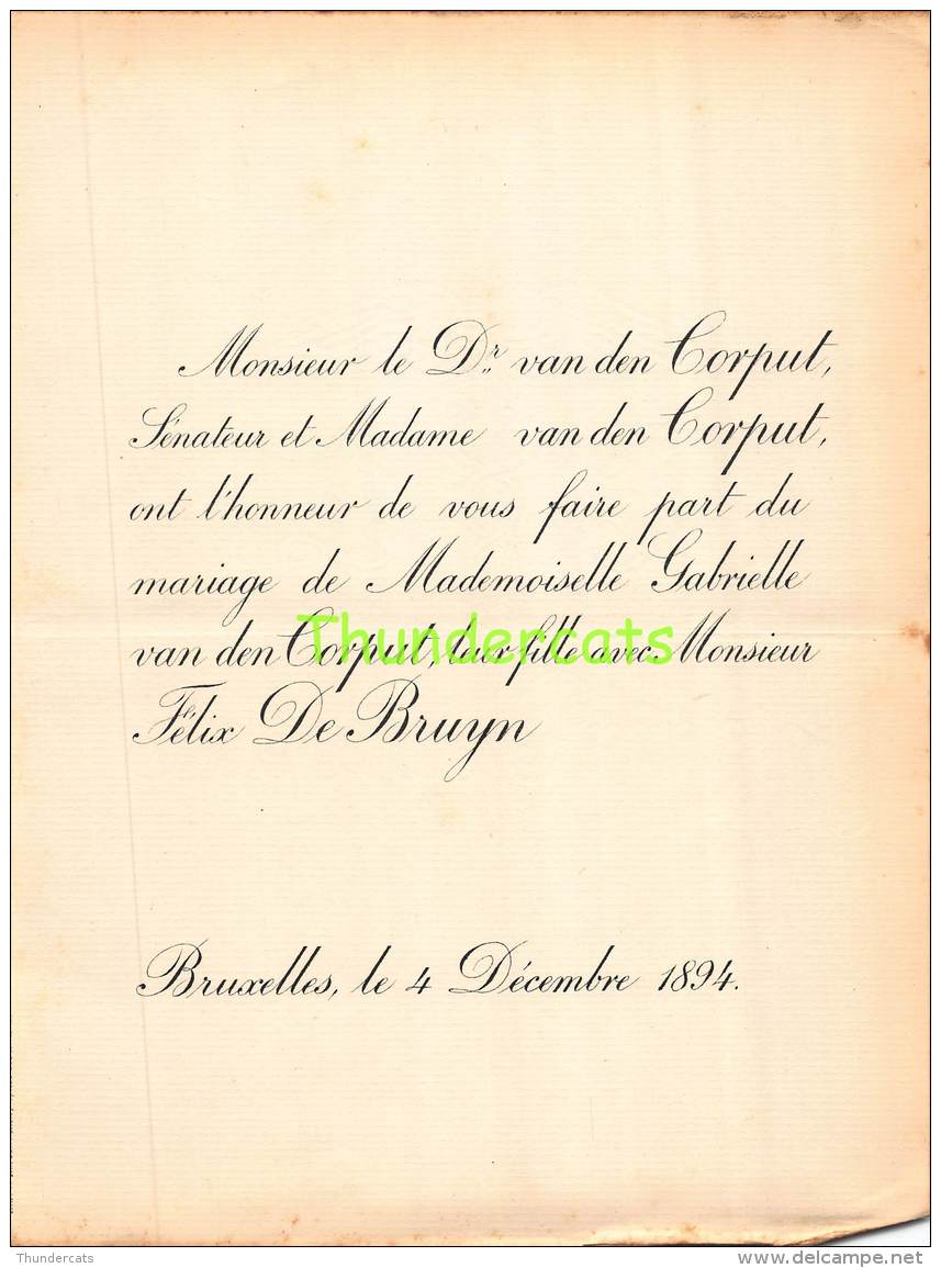 FAIRE PART MAIRAGE VAN DEN CORPUT SENATEUR GABRIELLE FELIX DE BRUYN BRUXELLES 1894 - Mariage