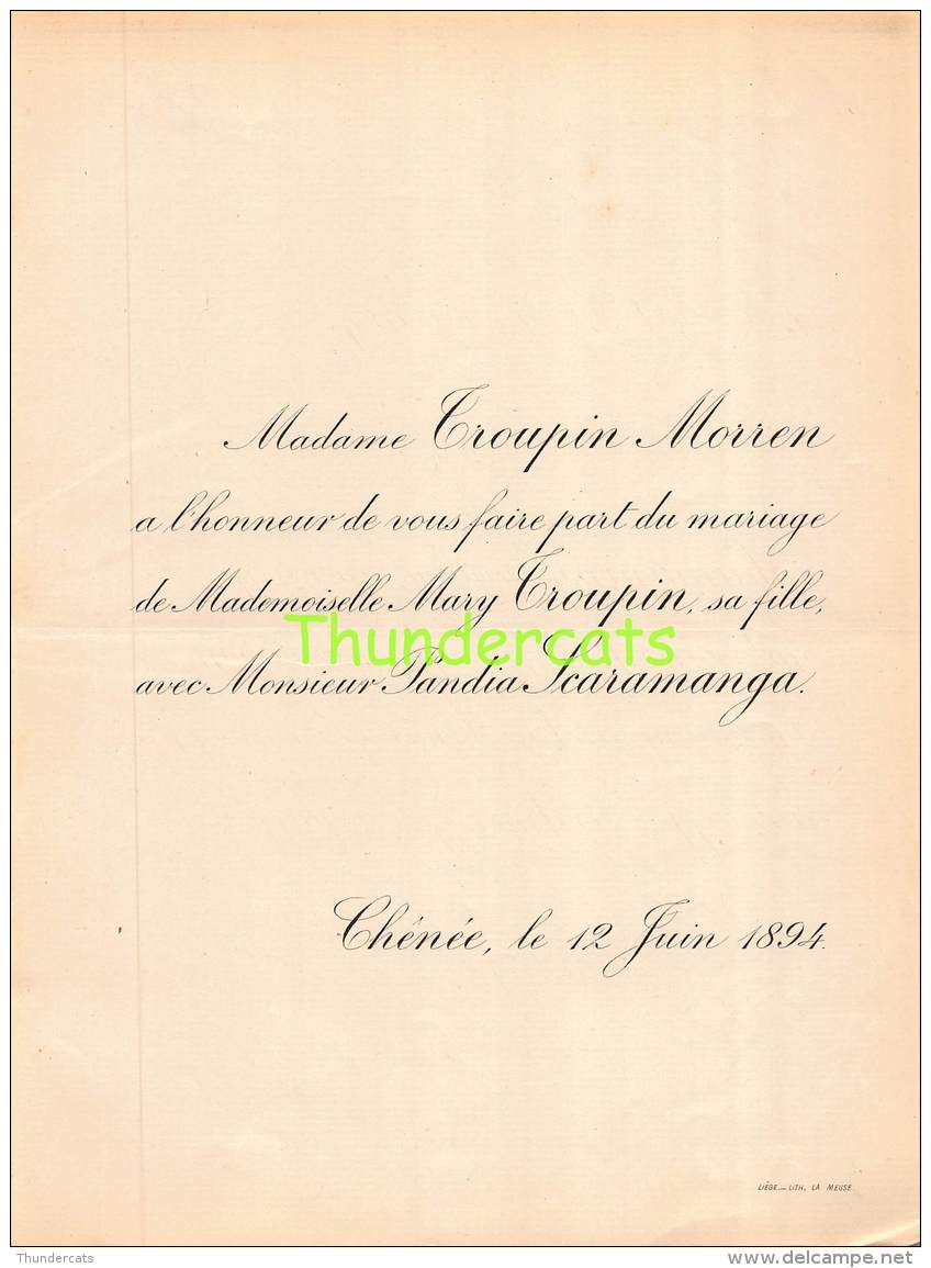 FAIRE PART MARIAGE TROUPIN MORREN MARY PANDIA SCARAMANGA CHENEE 1894 - Wedding